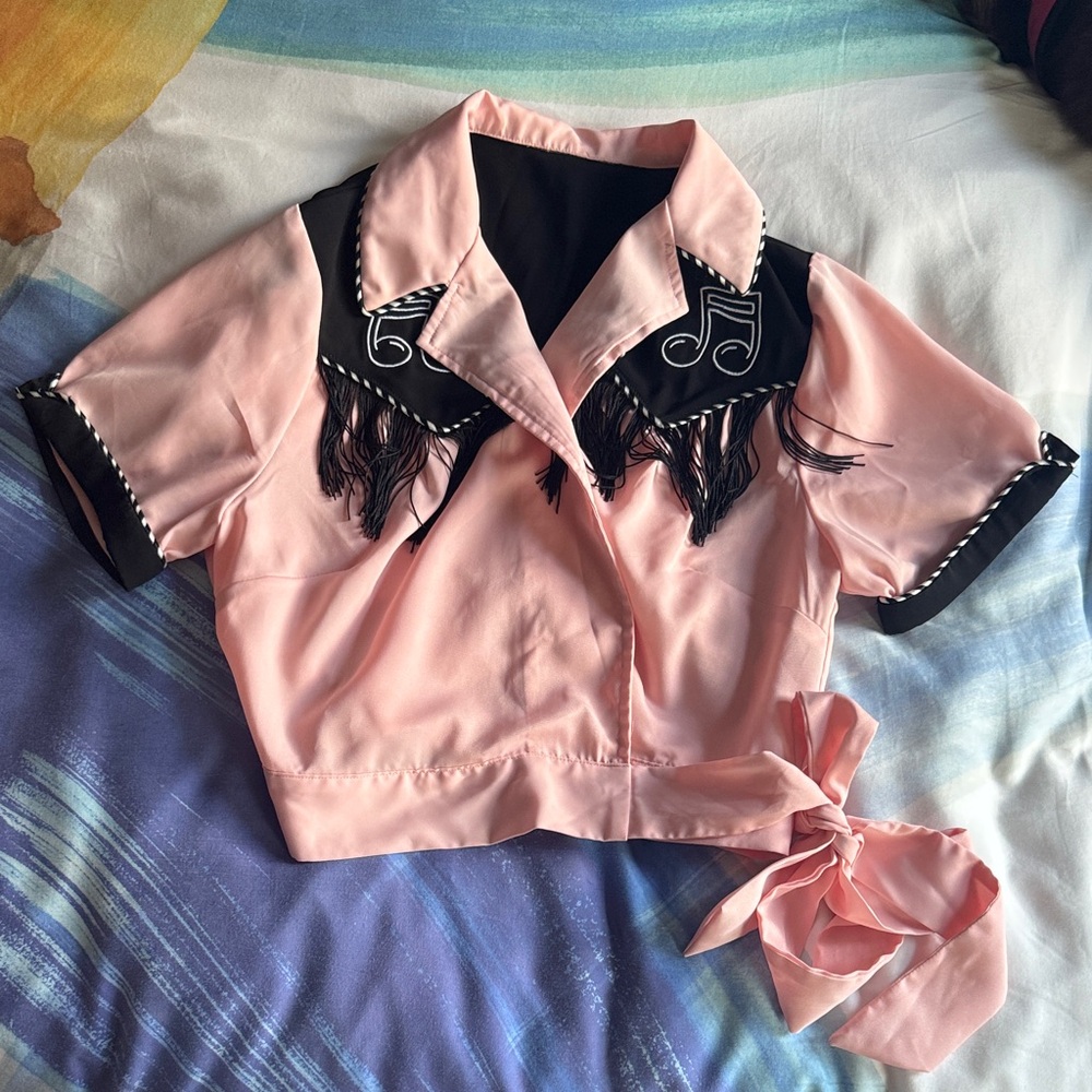 Pink Western Cropped Wrap Top with Music Notes & Black Fringe